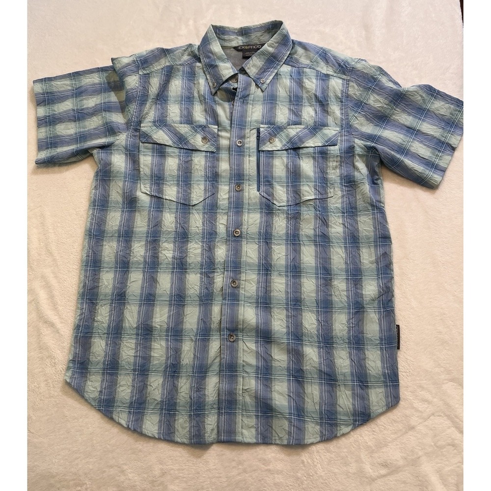 Exofficio Mens Button Short Sleeve Blue Plaid Vented Fishing Size M Lightweight